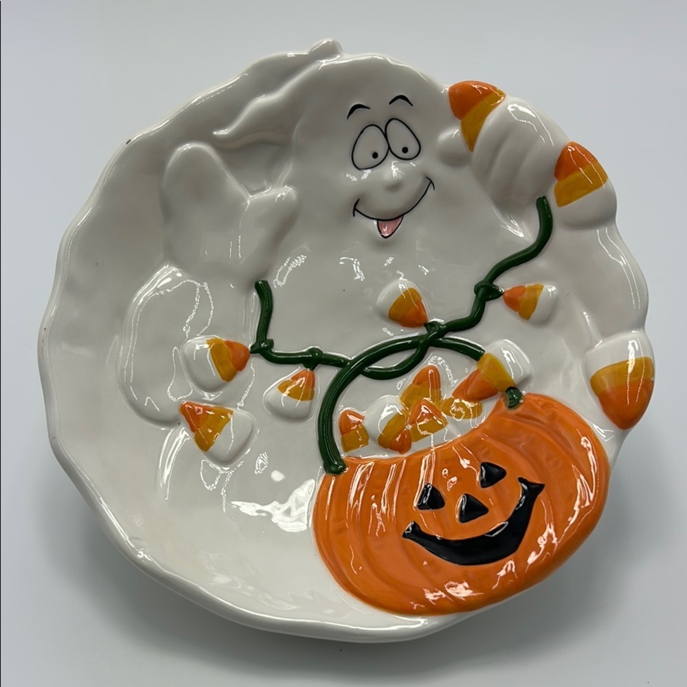 Vintage‎ Halloween Ghost Candy Dish White Orange Pumpkin